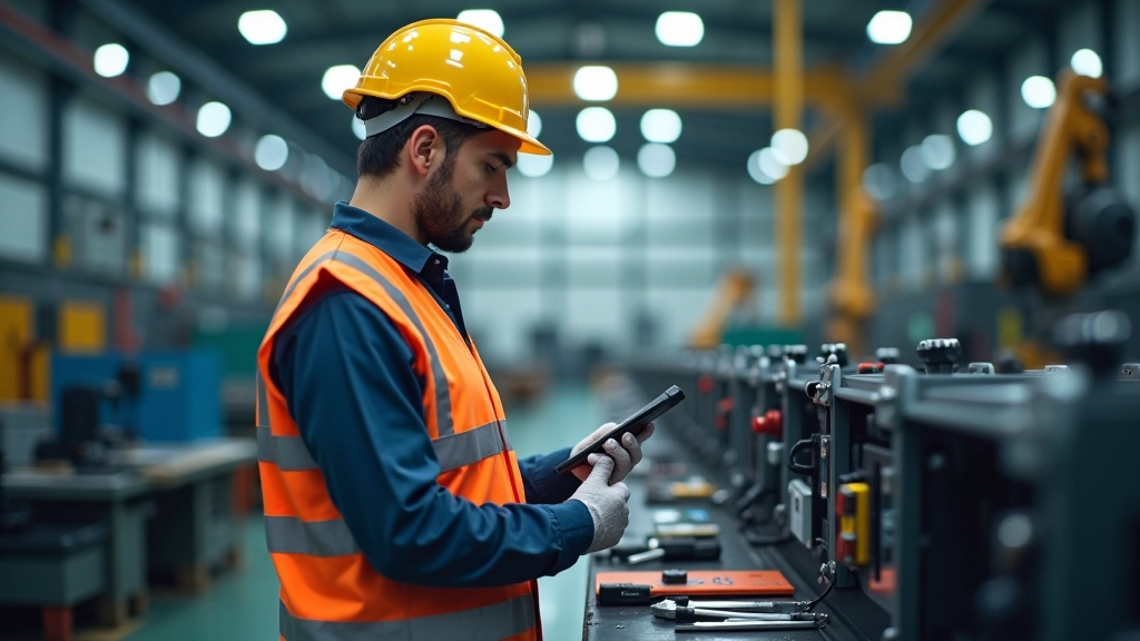 Fabrika hattında bakım teknisyeni, tahmin edilen arıza için yedek parça ve araçlarla hazırlanmış durumda